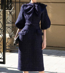 tweed midi dress with bow collar – Eriella