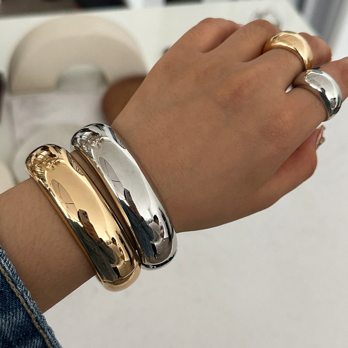 domed gold bangle bracelet with hinge clasp – ALORA