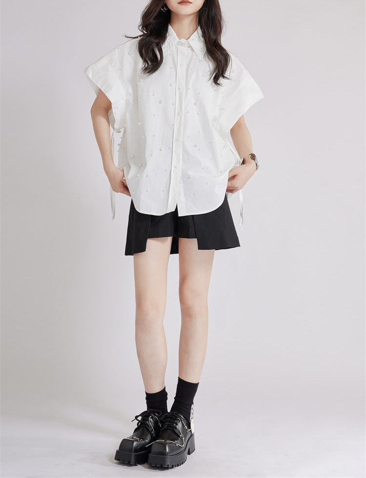 Button-up shirt with ruffled sleeves and embellished neckline - Sirti