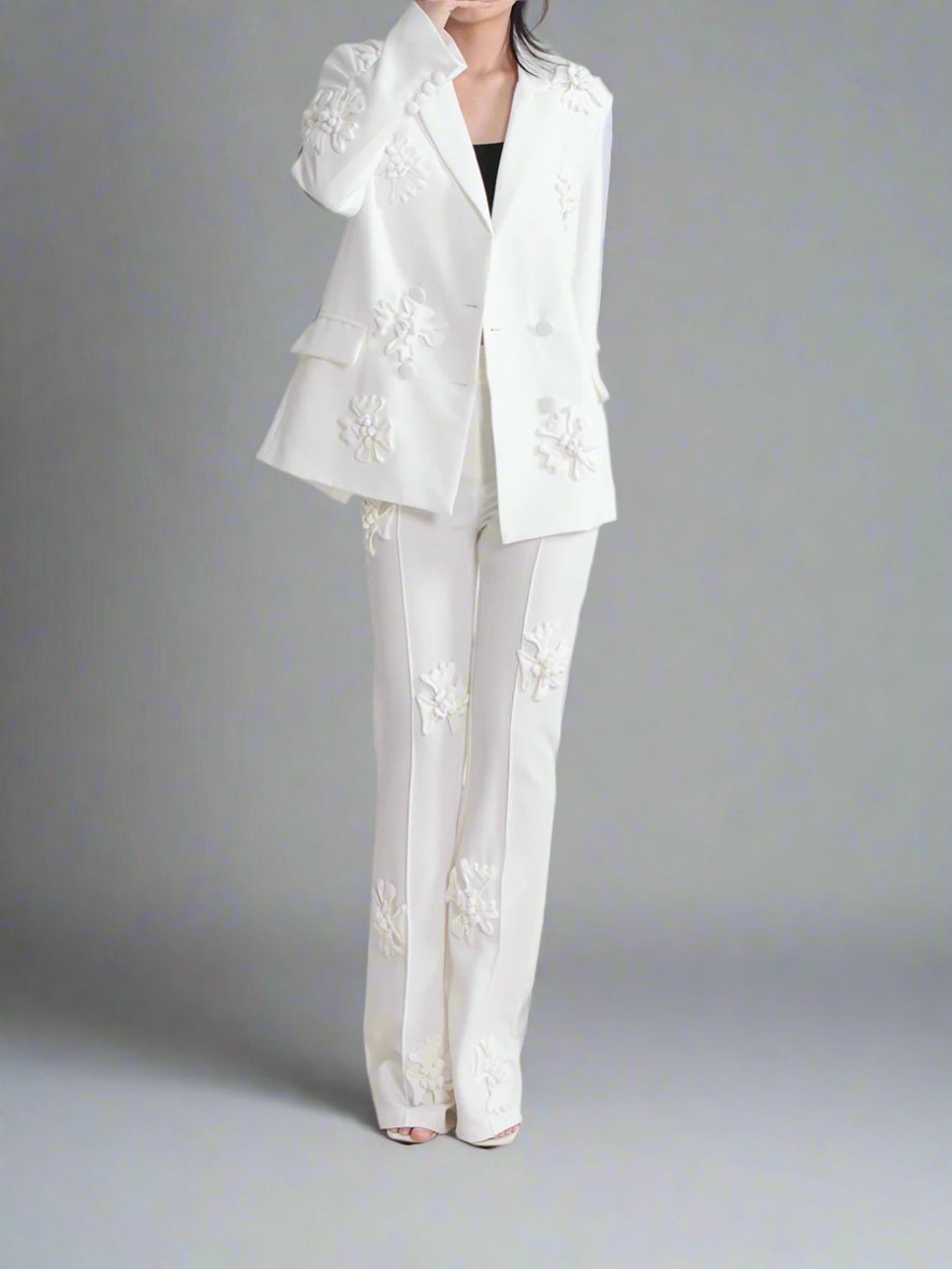 floral applique double-breasted blazer and flared pants set - GHOOTER