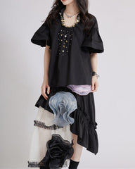 Short-sleeve blouse with decorative floral details - Buggri
