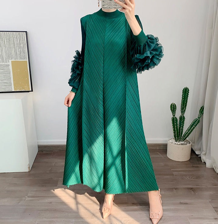 pleated maxi dress with floral cuff sleeves – Volen