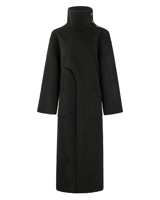 Asymmetric high-neck long coat with pocket detail – Dukaty