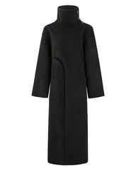 Asymmetric high-neck long coat with pocket detail – Dukaty