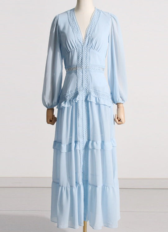Tiered chiffon gown with crochet trim – Gennyfer