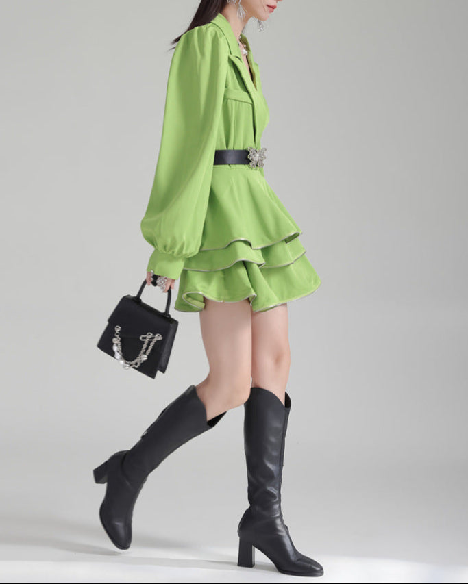 Shirt suit with multi-layered short skirt -