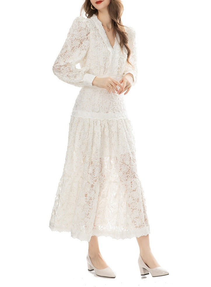 long-sleeve lace midi dress with scalloped neckline – Drance
