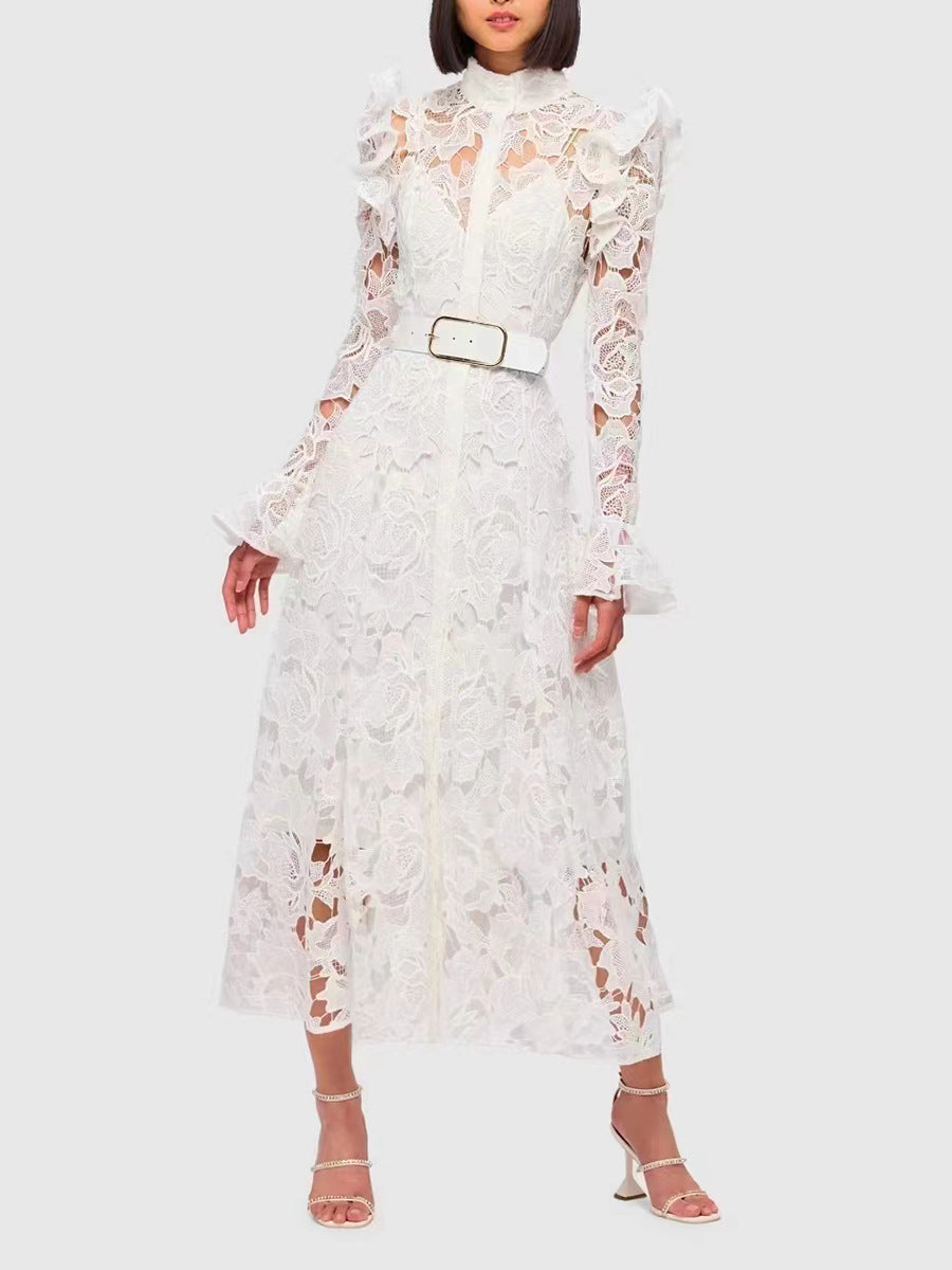 long-sleeve lace midi dress with belt – Tesoro
