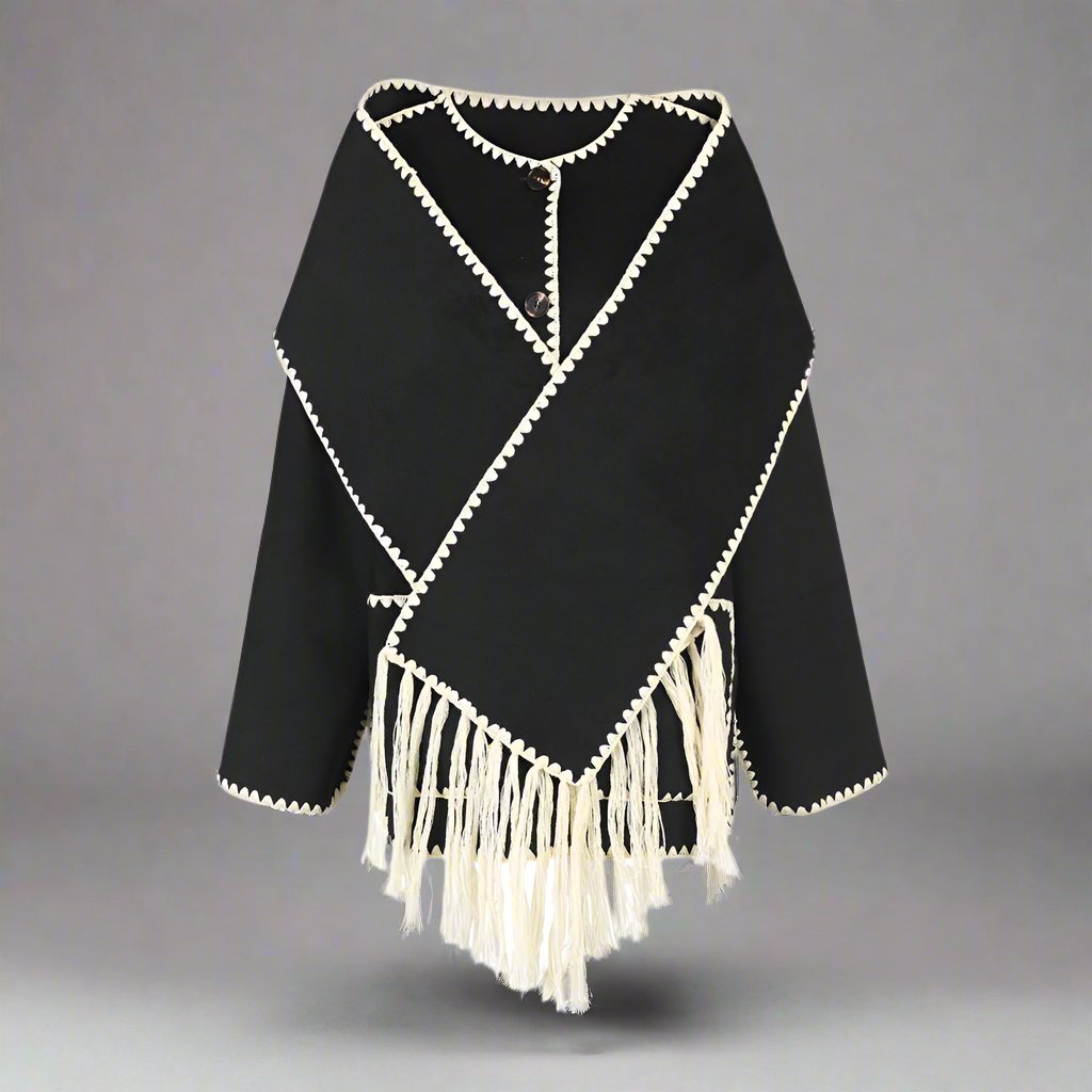fringed cape jacket with contrast trim – Teghan