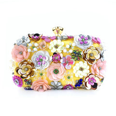 Floral Embellished Box Clutch with Gold Accents - Hilu
