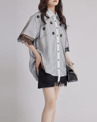 Striped button-up shirt with floral lace details - Anrity
