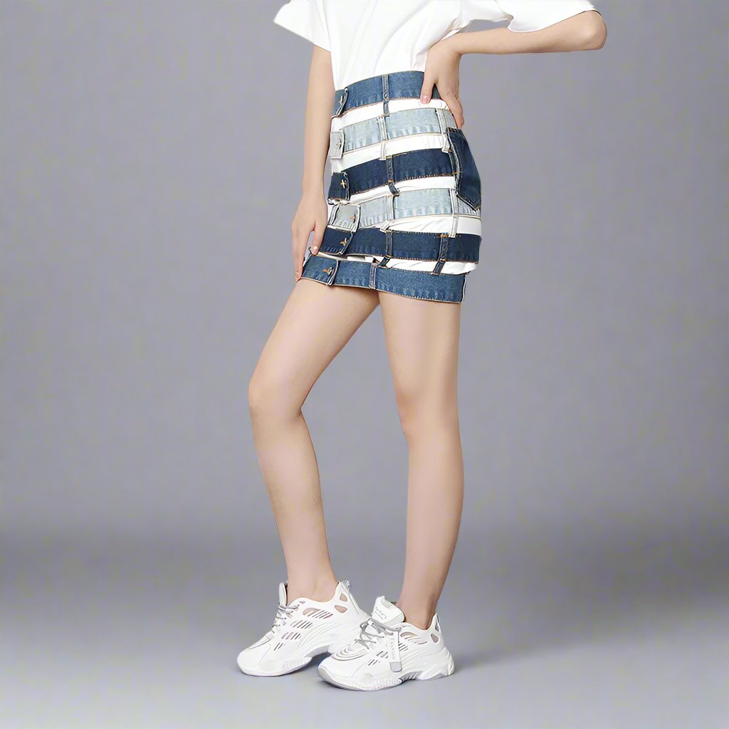 patchwork denim waist belt skirt - Talikha