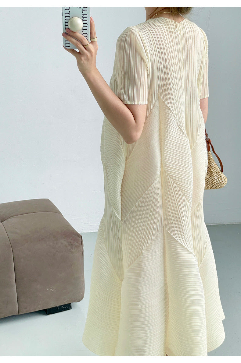 leated A-Line Midi Dress with Geometric Texture – SERENE