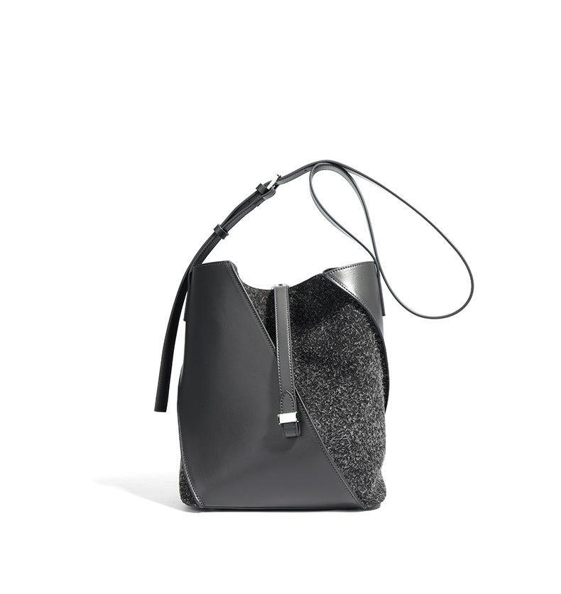 asymmetrical bucket bag with felt panel – SAGE