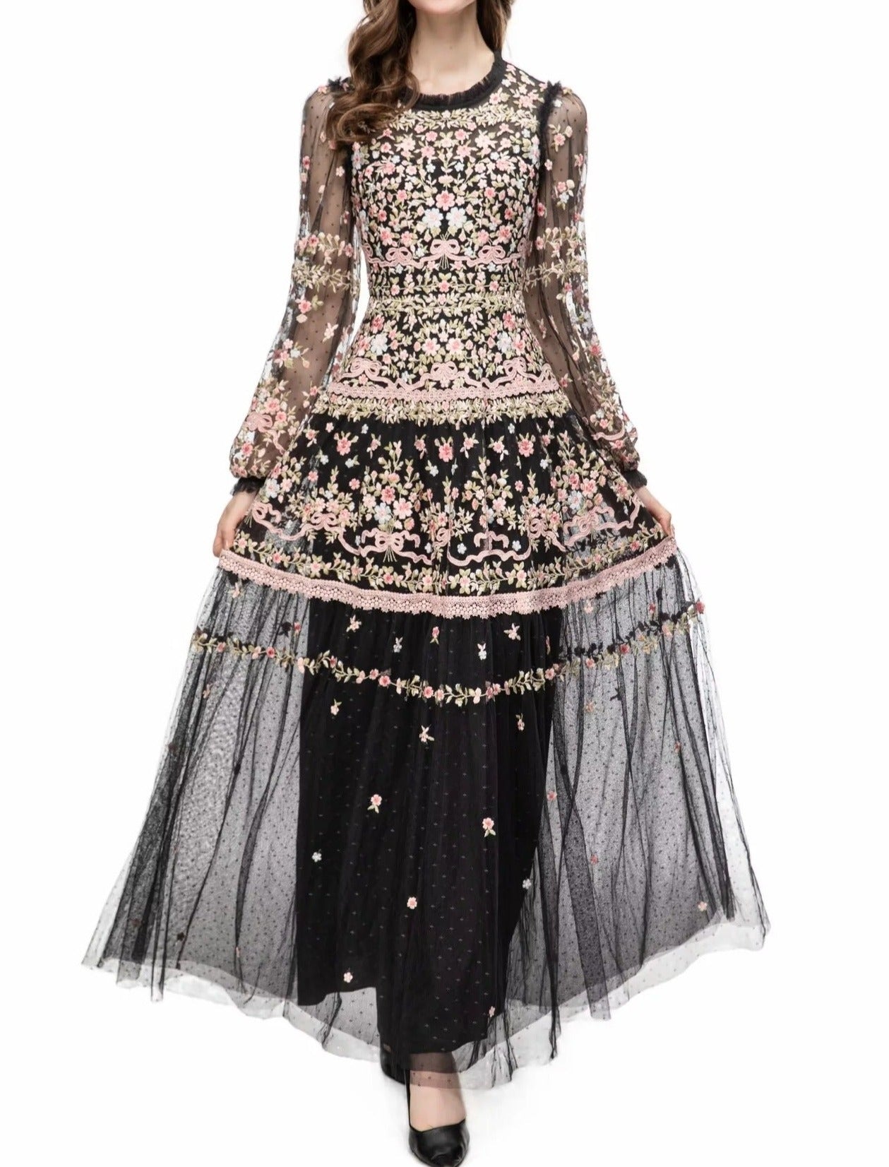 sheer embroidered tulle gown with floral motifs – Fikwesd