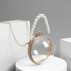 Circular clear bag with pearl handle and rhinestone accents - Lildu