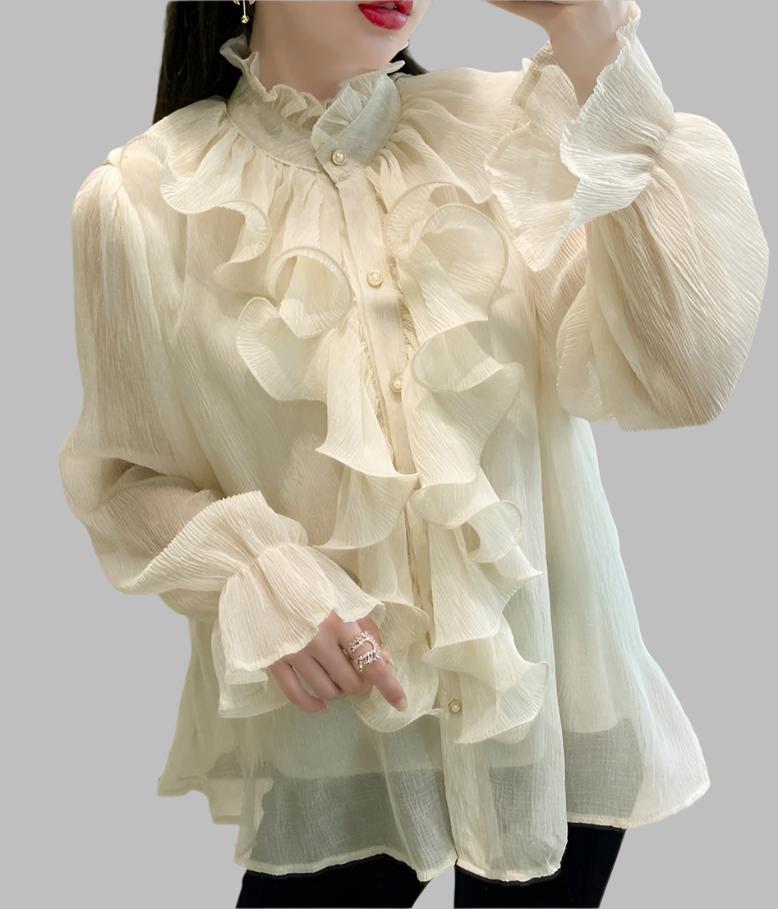 long sleeve ruffled chiffon blouse with stand collar – Tauret