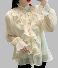 long sleeve ruffled chiffon blouse with stand collar – Tauret