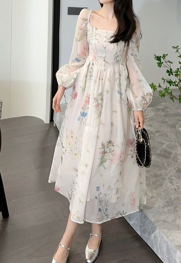 floral chiffon midi dress with puff sleeves – Aagewm