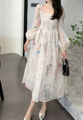 floral chiffon midi dress with puff sleeves – Aagewm