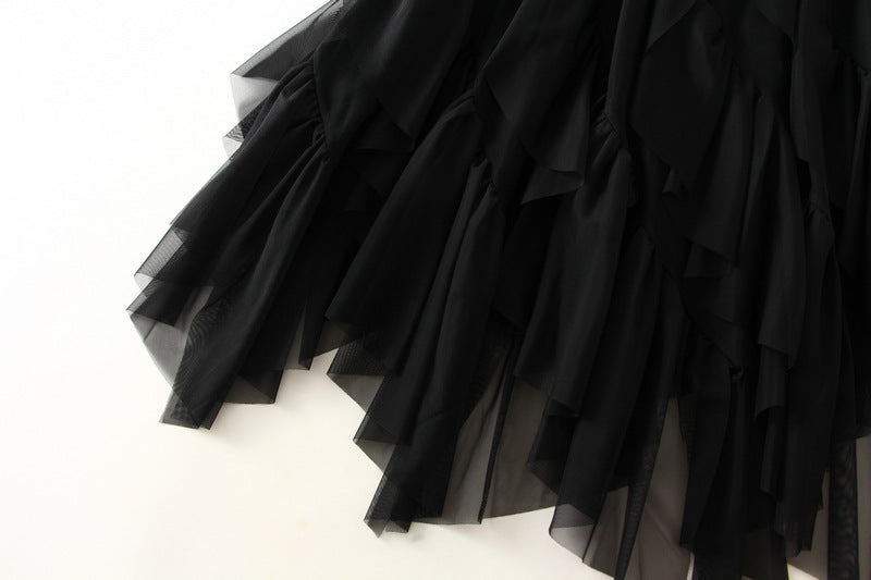 Asymmetrical ruffled mesh skirt with waterfall layers – Apilu