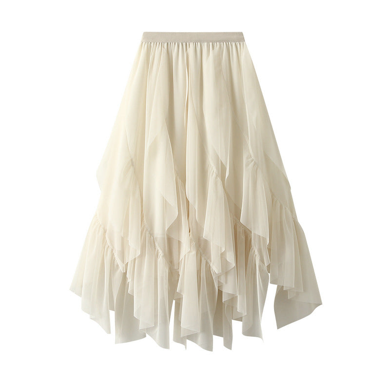 Asymmetrical ruffled mesh skirt with waterfall layers – Apilu