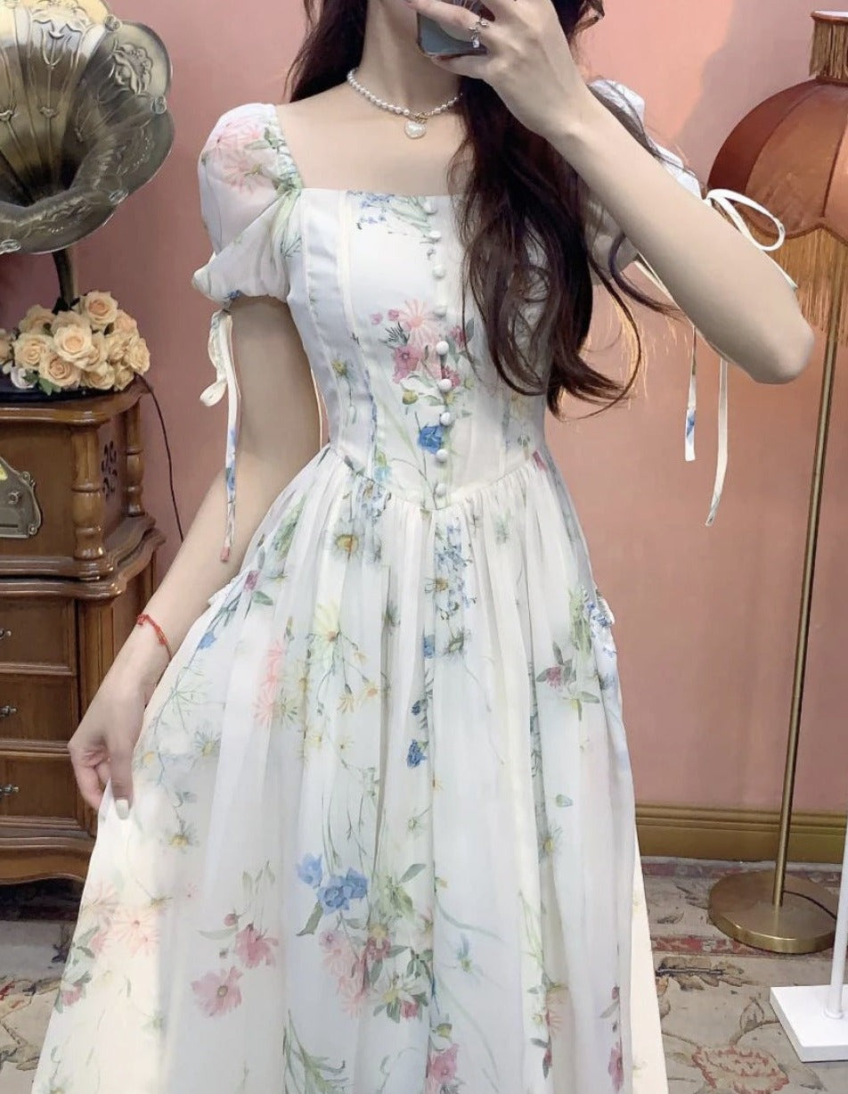 floral chiffon midi dress with puff sleeves – Aagewm