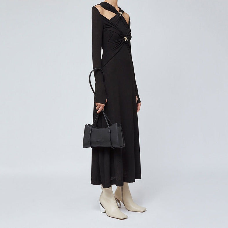 cut-out long-sleeve maxi dress with gold accents – Edythe