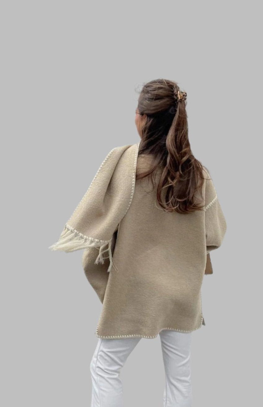 fringed cape jacket with contrast trim – Teghan