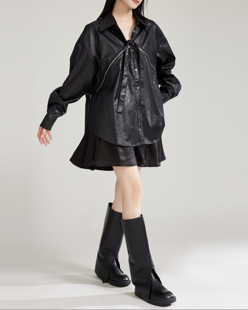 Oversized leather button-up shirt with tie-up detail - Wursy