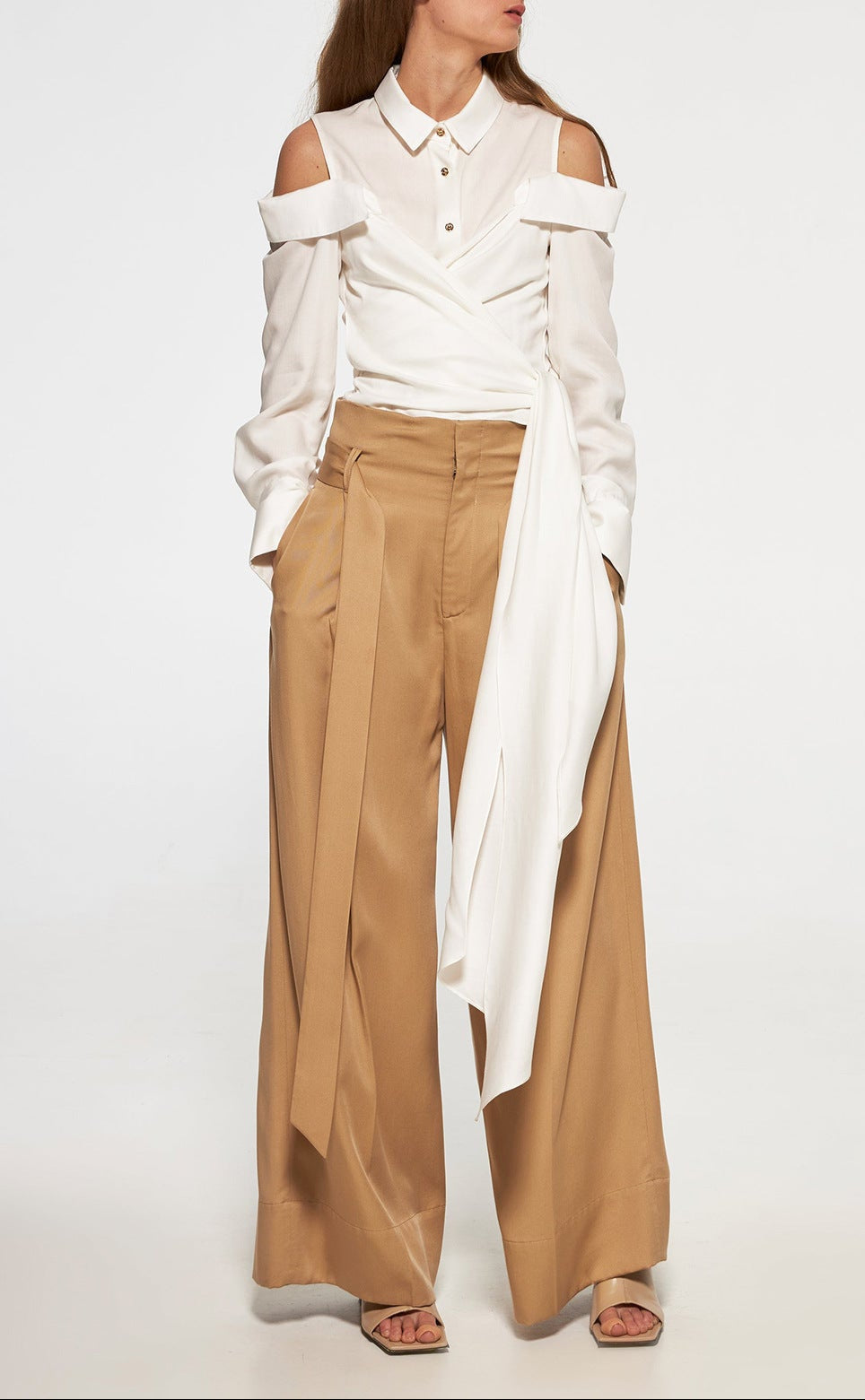 Off-Shoulder Buttoned Shirt with Waist Tie - Burti