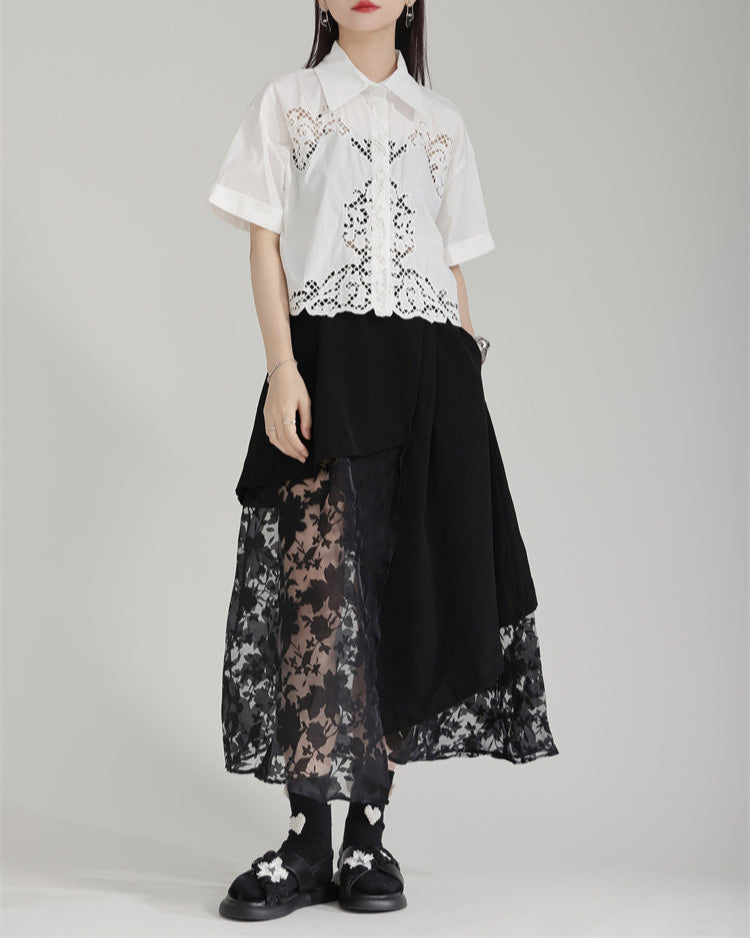 Short-sleeved shirt with lace hem - Cerna