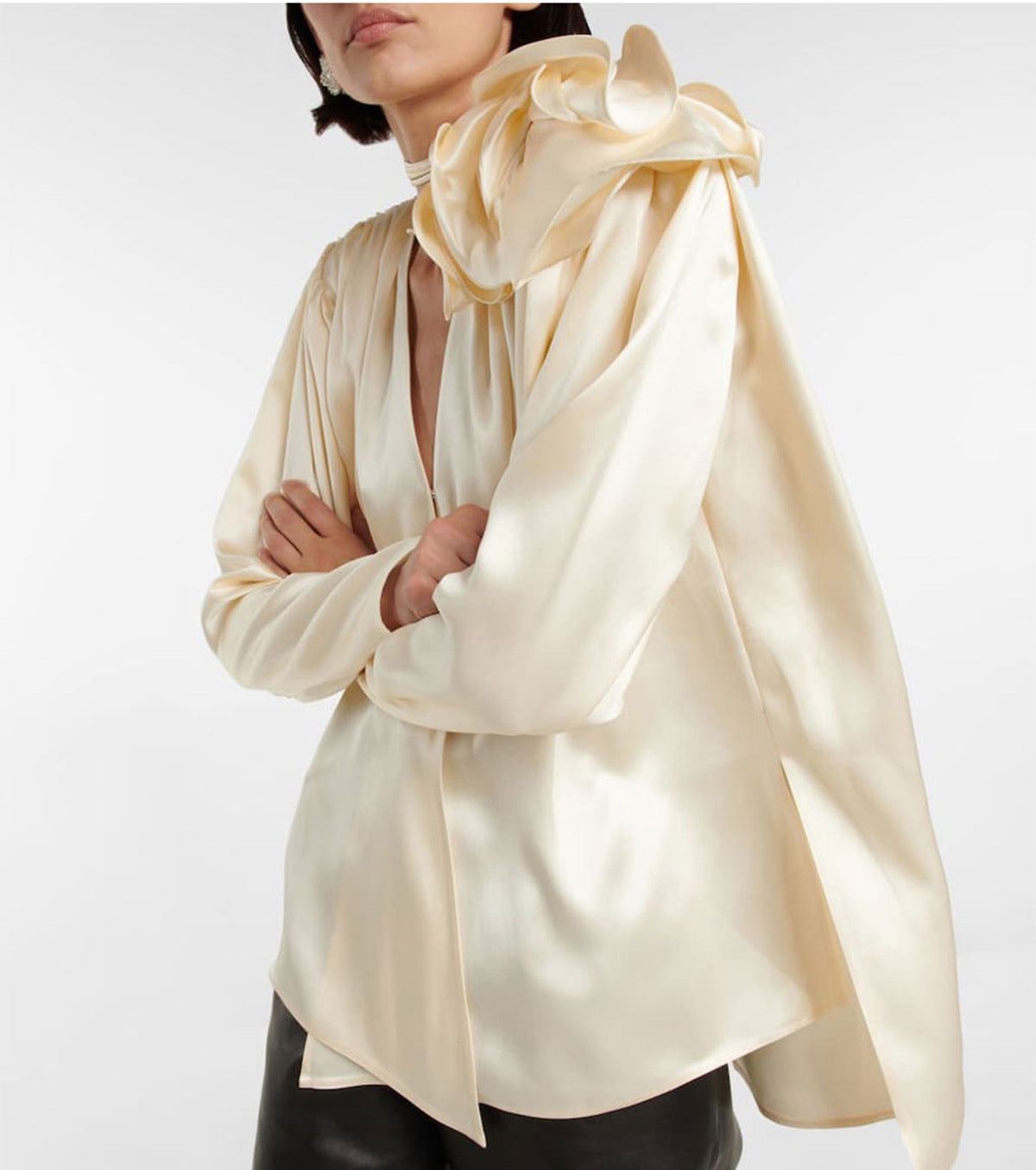long sleeve satin blouse with floral shoulder detail - Addileigh