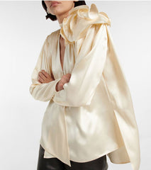 long sleeve satin blouse with floral shoulder detail - Addileigh