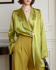 Long-sleeve satin wrap blouse with circular button - Mikli