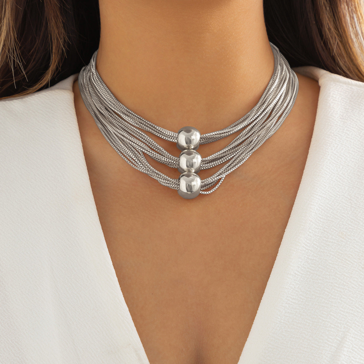 Multi-strand chain necklace with trio beads - Nhjlu