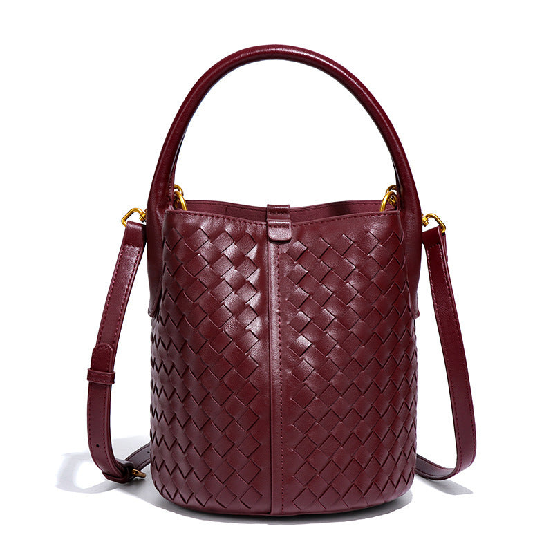 woven leather bucket bag with rounded handle – IVONY