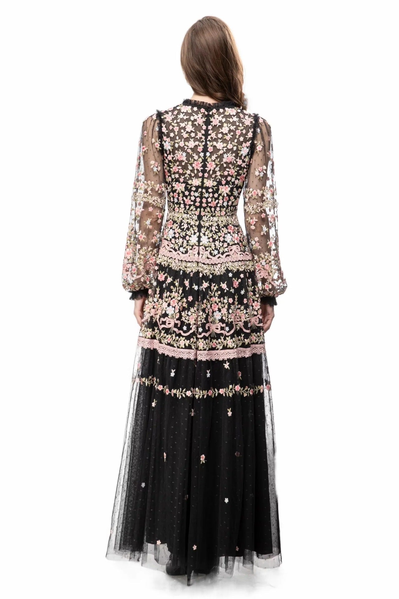 sheer embroidered tulle gown with floral motifs – Fikwesd