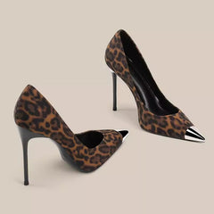 leopard print stiletto heels with metal cap toe - LUIYL