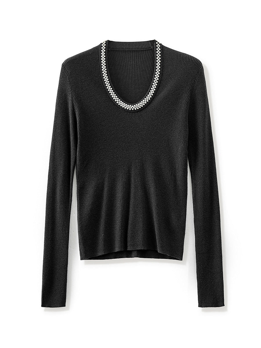 ribbed knit blouse with crystal neckline - VERA