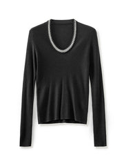 ribbed knit blouse with crystal neckline - VERA