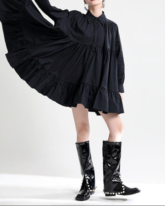 long-sleeve ruffle mini dress with shirt collar - REINAX