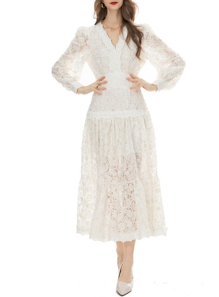 long-sleeve lace midi dress with scalloped neckline – Drance