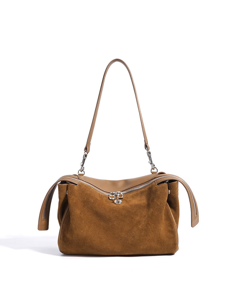suede shoulder bag with curved zipper detail – TERRA
