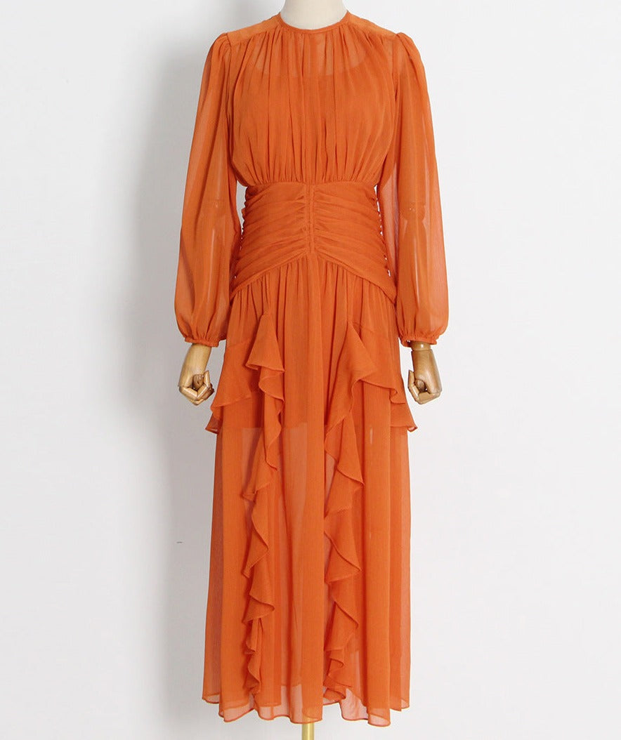 sheer ruffle-trim gown with draped bodice – Aanakec