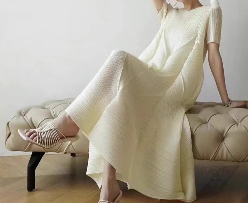 leated A-Line Midi Dress with Geometric Texture – SERENE