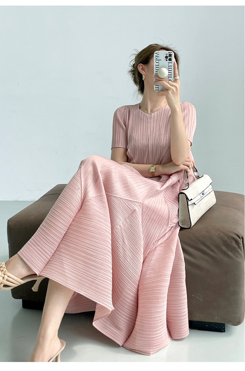 leated A-Line Midi Dress with Geometric Texture – SERENE
