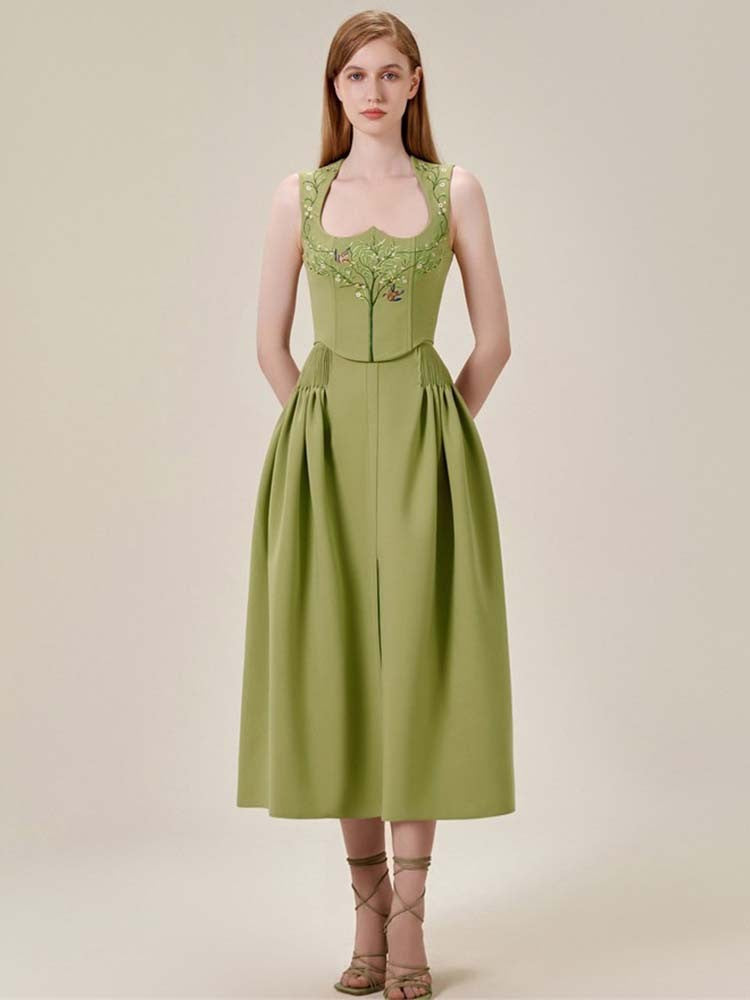 sleeveless pleated midi dress with embroidered bodice - Adellah