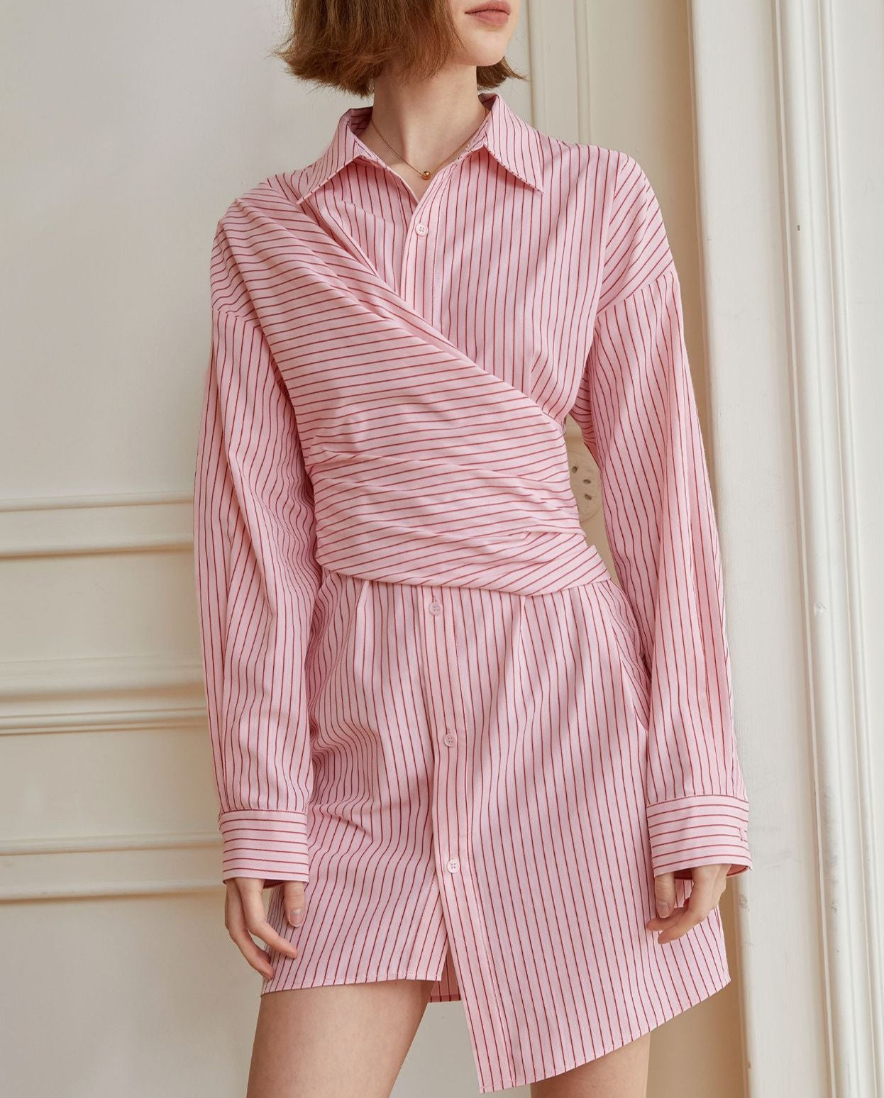 Striped wraparound shirt with button front - Lingu