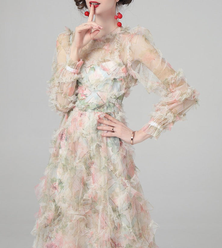tiered ruffle tulle gown in crimson – Eeshika